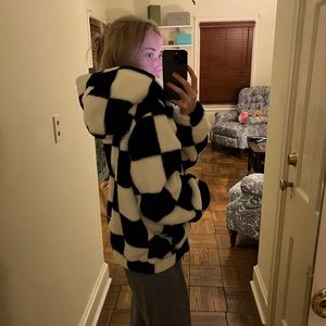 Fuzzy bomber coat checkered print